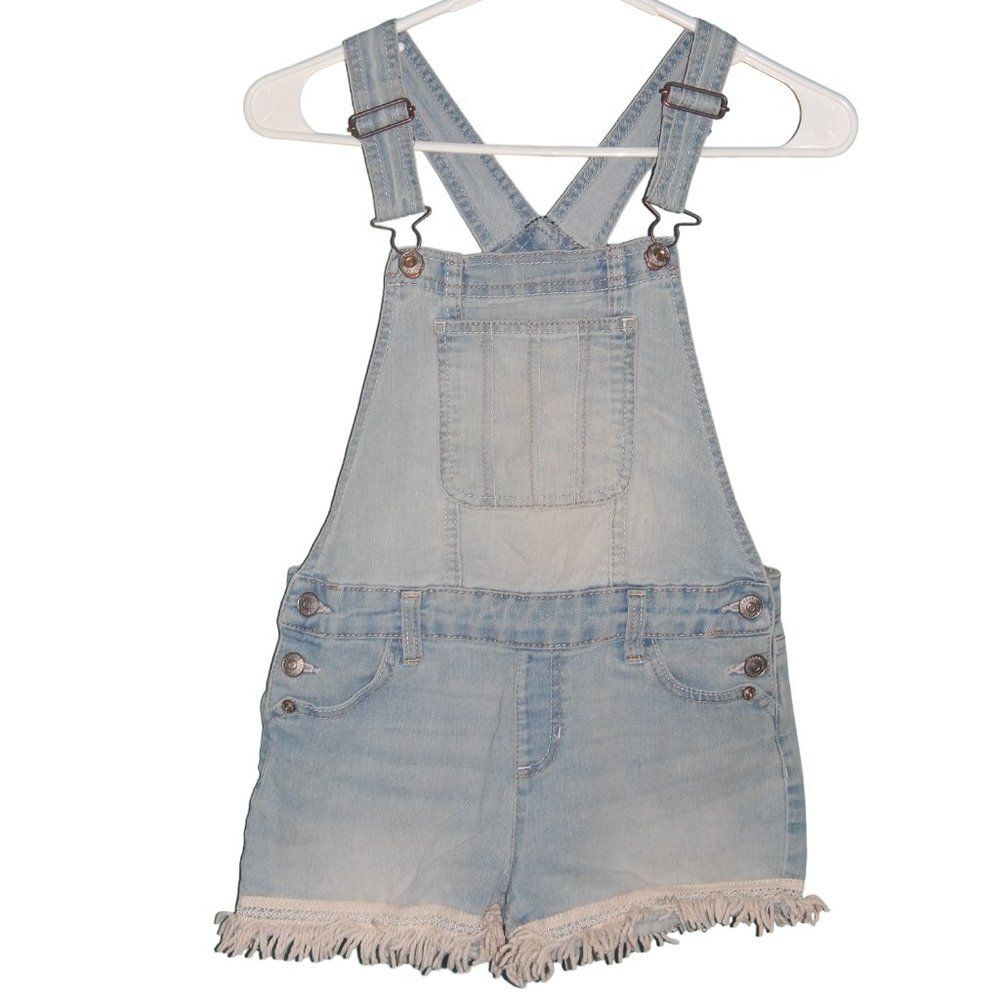 Jordache Girls Large 10/12 Denim Overall Shorts Fringe Hem Adjustable Straps
